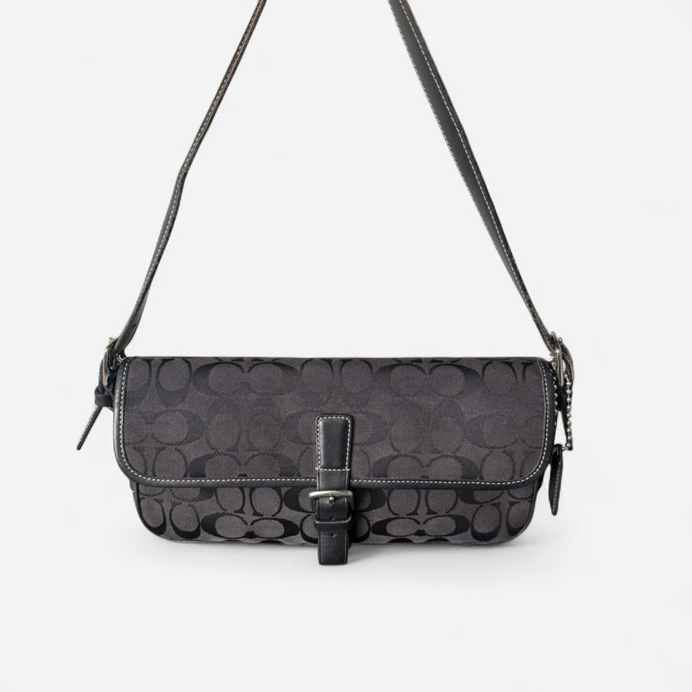 Vintage Coach 6095 Signature Clip Flap Shoulder Bag Handbag Black Canvas Leather